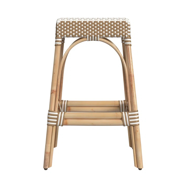 Tan and White Striped Rattan Backless Bar Stool, 30"