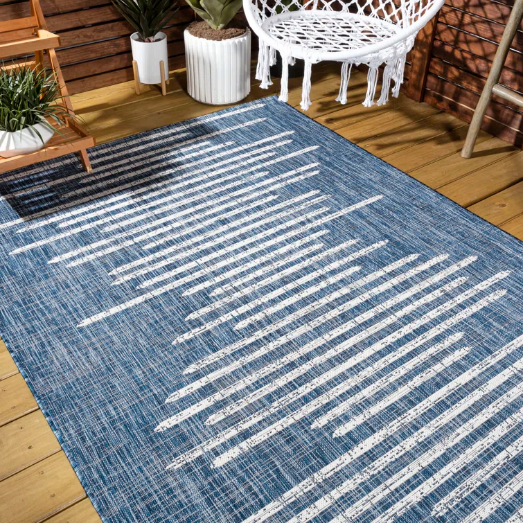 Grundy Berber Stripe Geometric Blue/Ivory Indoor/Outdoor Rug