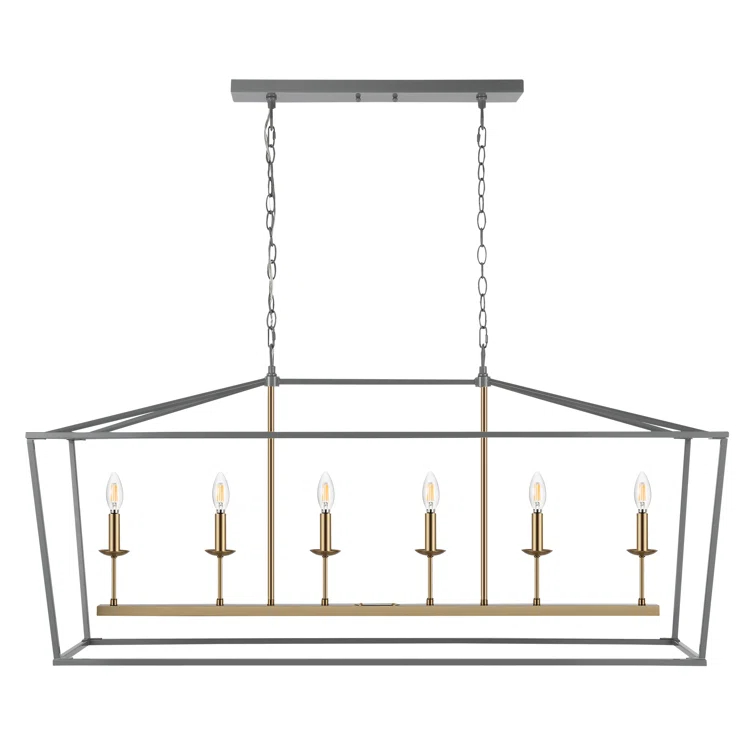 Pagoda 49" Linear 6-Bulb Classic Traditional Metal LED Pendant, Gray/Brass Gold