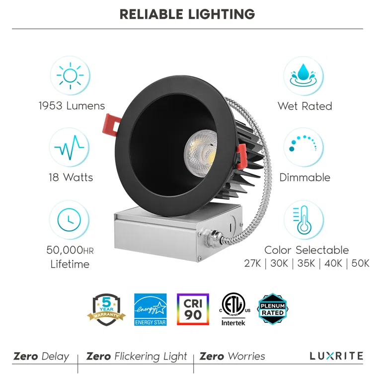 4" Regressed Selectable CCT New Construction LED Canless Recessed Lighting Kit