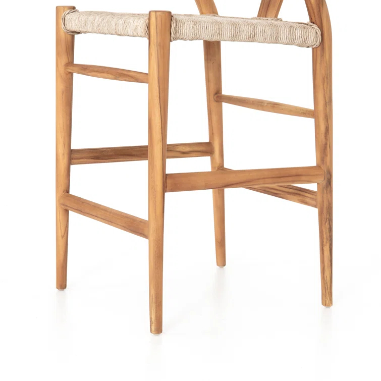 Natural Teak Wishbone-Style Counter Stool with Woven Seat