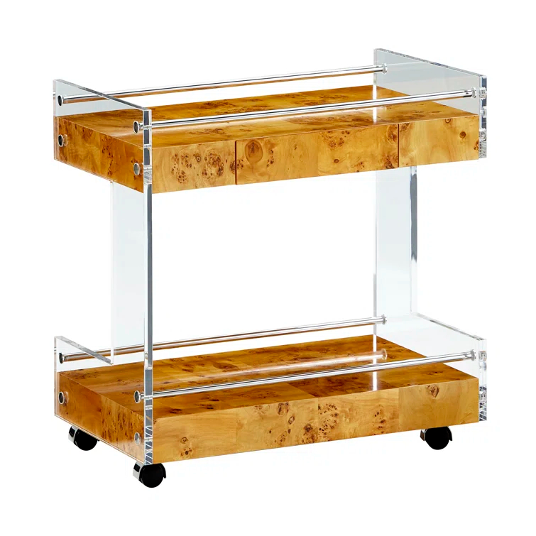 Honey-Hued Burled Wood and Acrylic Bar Cart with Stainless Steel Accents