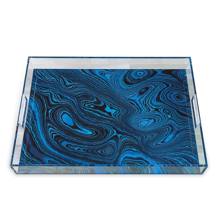 Blue Lucite Malachite Decorative Rectangular Tray