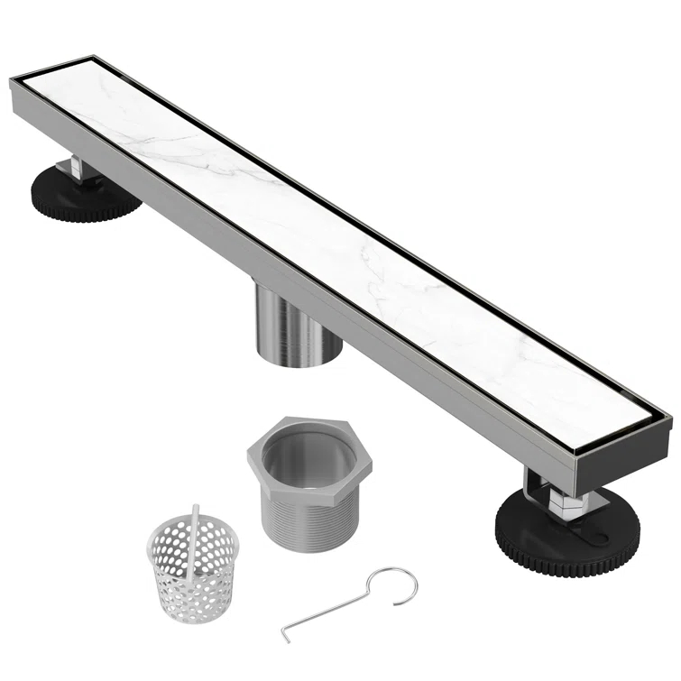24" Linear Tile-in Shower Drain with Hair Strainer & Lifting Hook-Modern Stainless Steel Drain for Bathroom Showers