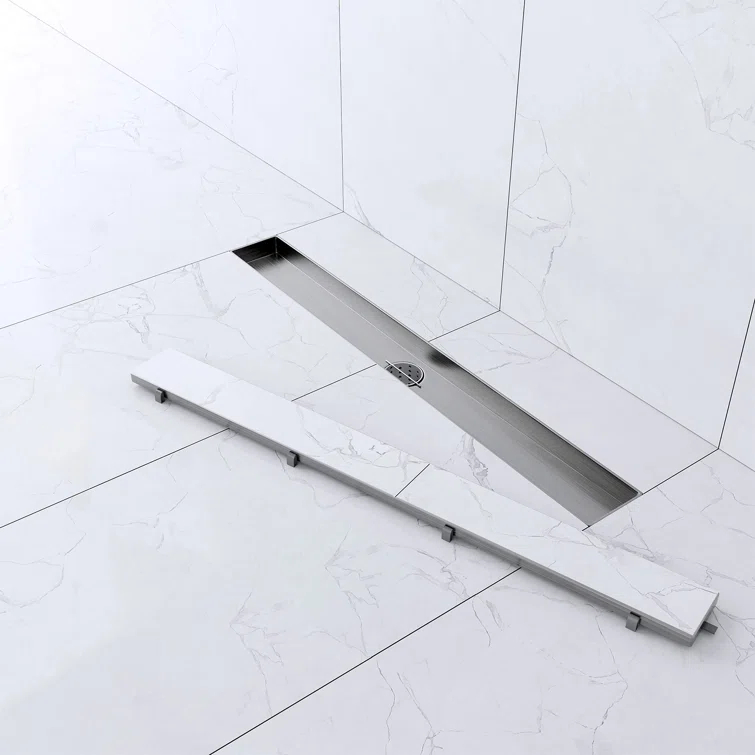 24" Linear Tile-in Shower Drain with Hair Strainer & Lifting Hook-Modern Stainless Steel Drain for Bathroom Showers