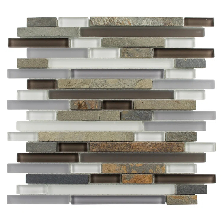 Wright-Scape Straight Edge Glass & Slate Brick Joint Mosaic Kitchen Backsplash, Bathroom, Shower, Pool, Wall and Floor Tile