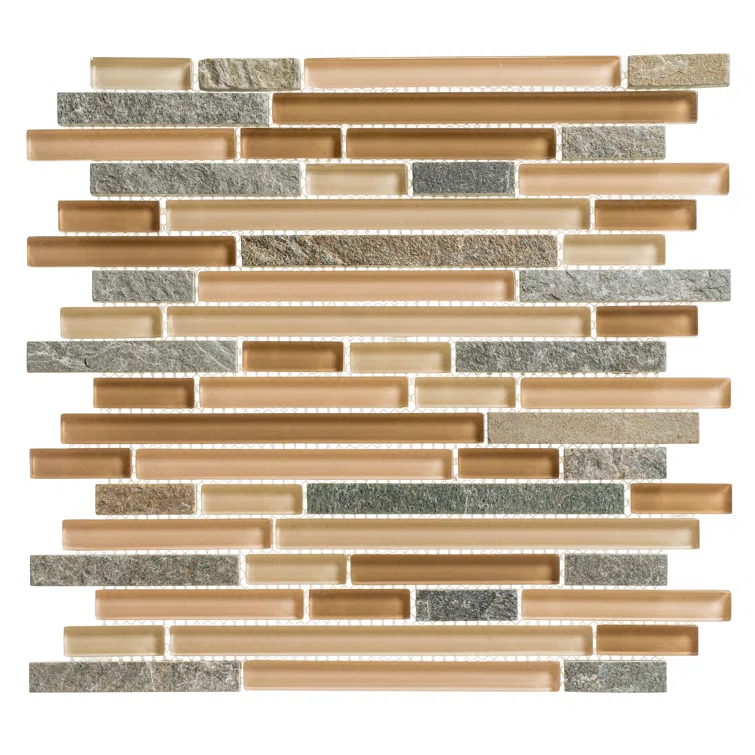 Andova Wright-Scape Straight Edge Glass & Slate Brick Joint Mosaic Kitchen Backsplash, Bathroom, Shower, Pool, Wall and Floor Tile
