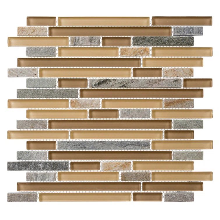 Andova Wright-Scape Straight Edge Glass & Slate Brick Joint Mosaic Kitchen Backsplash, Bathroom, Shower, Pool, Wall and Floor Tile
