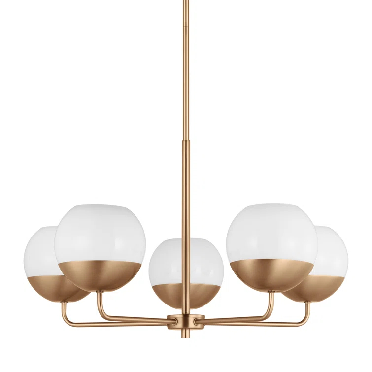 Alvin Satin Brass Midcentury 5-Light Chandelier with Milk Glass Shades