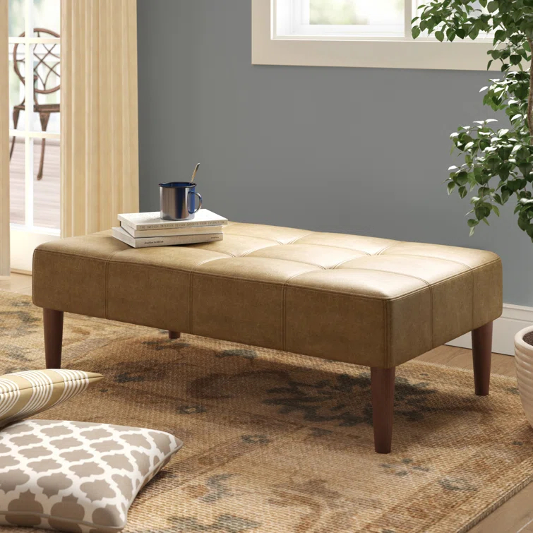 Adryanah Tufted Coffee Table Ottoman Bench - Light Brown Faux Leather