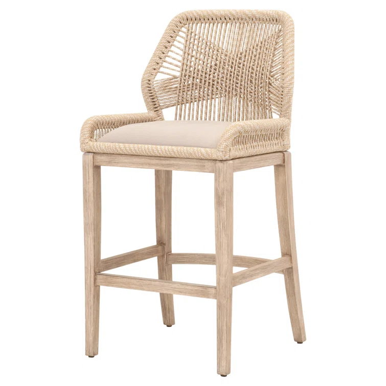 Coastal Loom Barstool with Mahogany Legs and Platinum Rope, Natural Gray