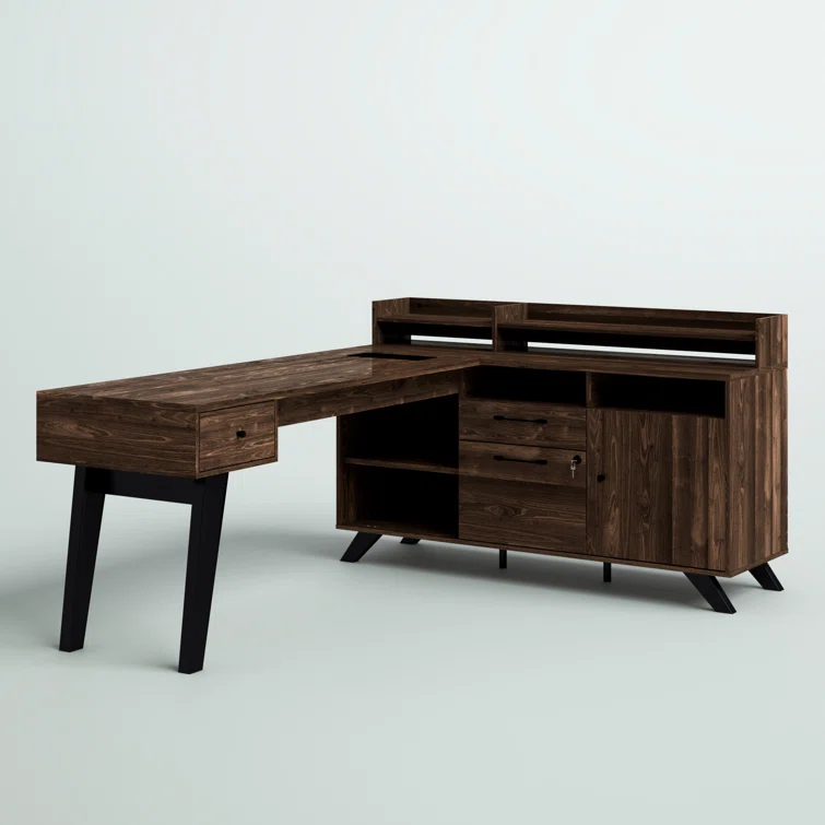 Helsy L-Shaped Desk with Power Bar and Removable Hutch Natural Walnut