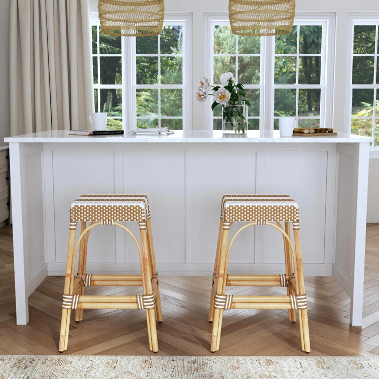 Tan and White Striped Rattan Backless Bar Stool, 30"