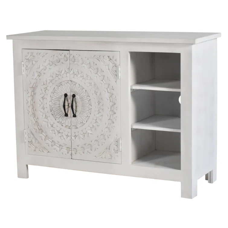 White Mango Wood TV Cabinet with Hand-Carved Doors