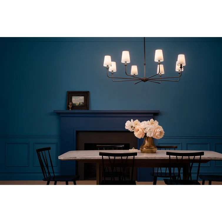 Classic 8 Light Chandelier with White Linen Shades