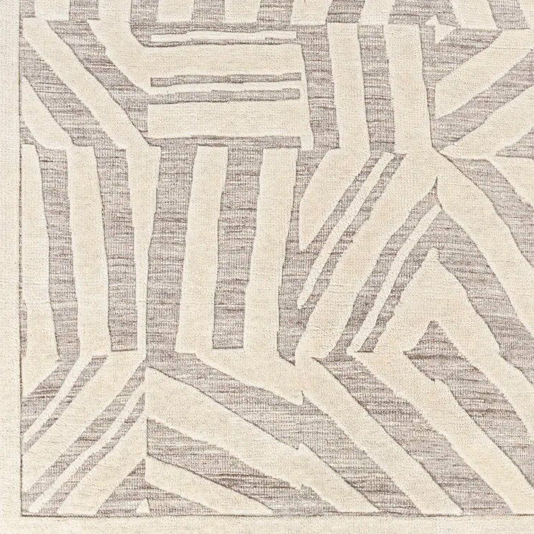 Rectangular Gray and Off-White Wool Geometric Area Rug