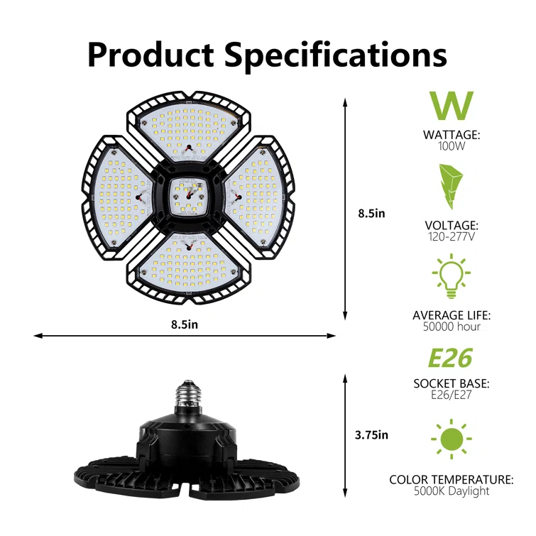 LED Garage Light,100W (900W Equivalent) 15000 Lumen 4-Head Deformable Ceiling Light, 5000K Daylight