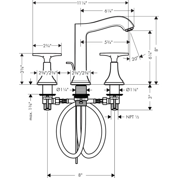 Hansgrohe Metropol Classic Widespread Faucet 160 with Cross Handles and Drain Assembly, 1.2 GPM