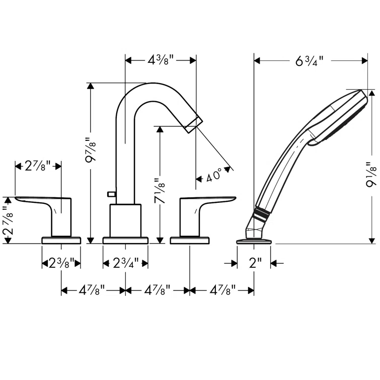 Logis Double Handle Deck Mounted Roman Tub Faucet Trim with Diverter and Handshower
