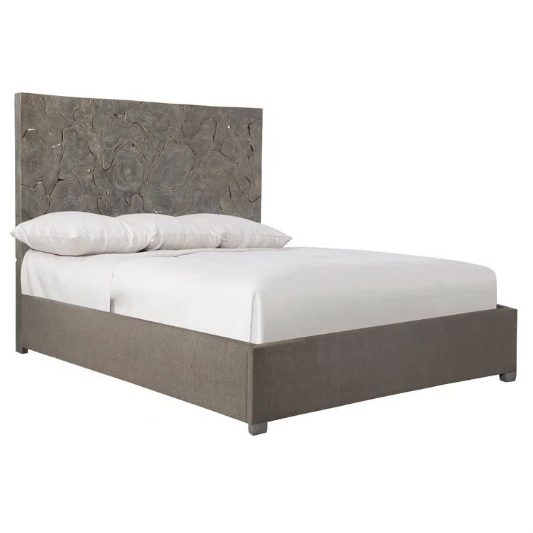 Gray King Upholstered Bed with Teak Panel Headboard