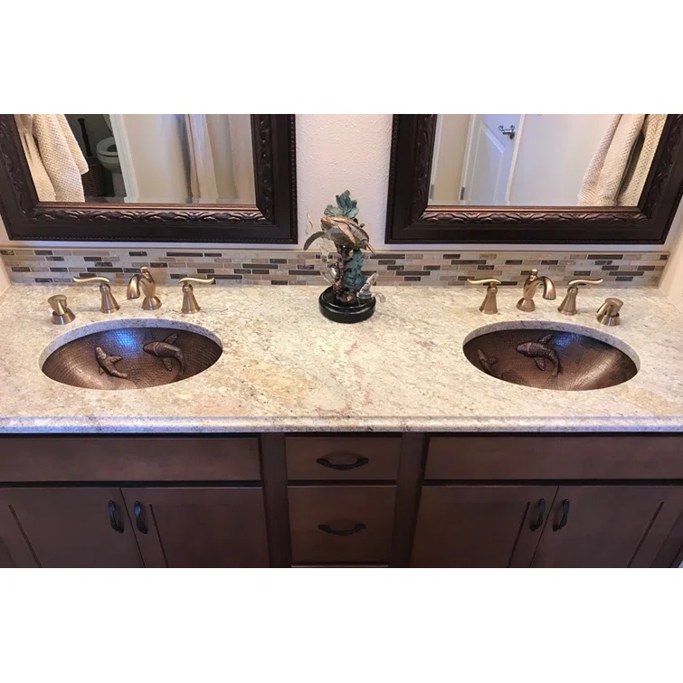 19" Oval Under Counter Hammered Copper Bathroom Sink with Koi Fish Design