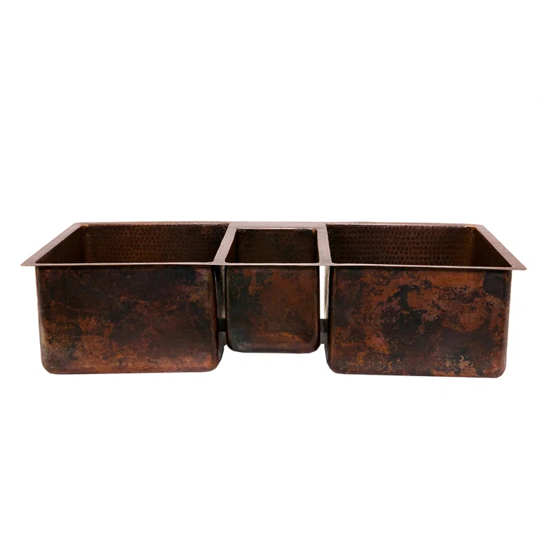 42" Hammered Copper Triple Basin Kitchen Sink