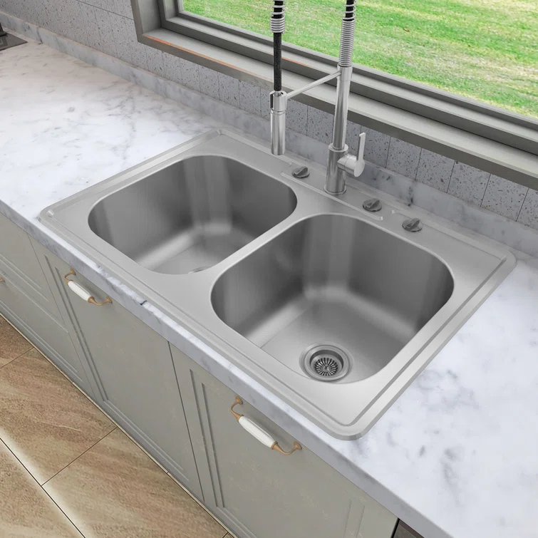 Sinber 33" x 22" Drop In Double Bowl Kitchen Sink with 18 Gauge 304 Stainless Steel Satin Finish