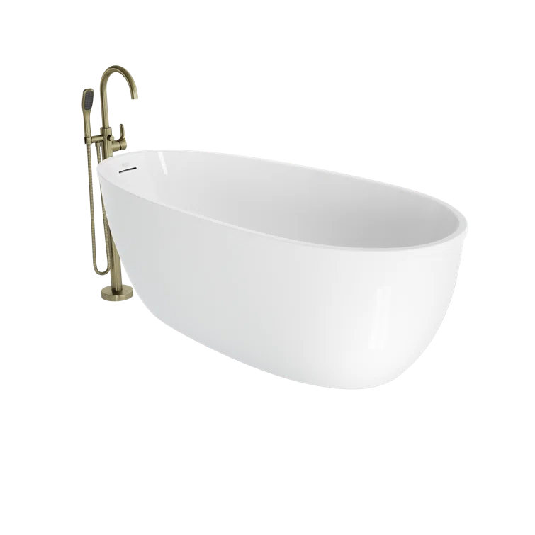 STRETTO 6732 Acrylic Freestanding Soaking Bath Univ End Drain White/White With NW50827 Round Tub Filler Chrome