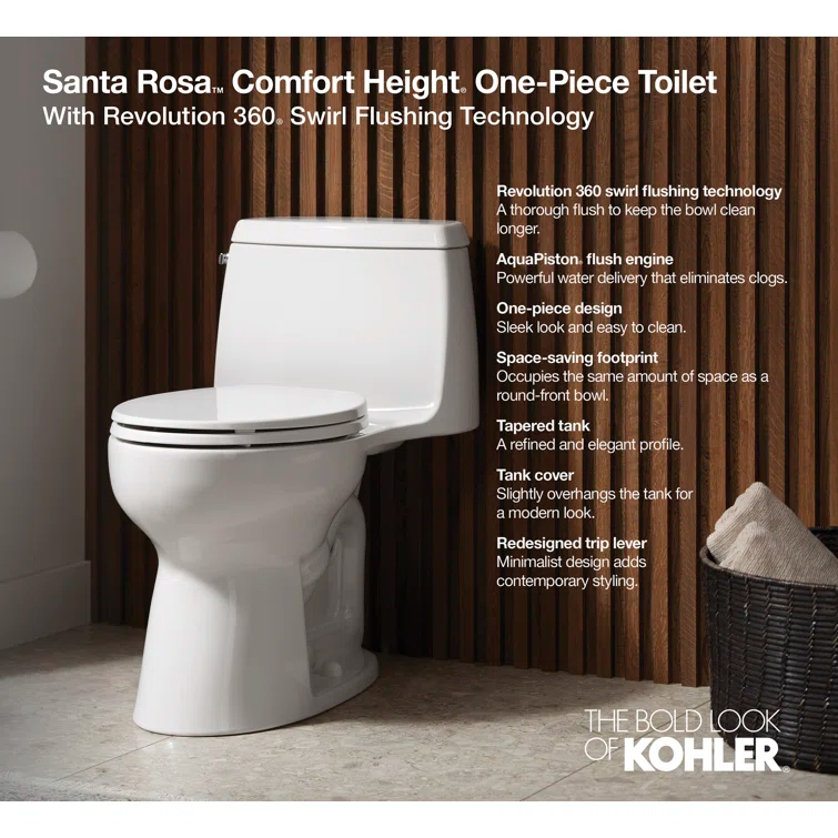 Santa Rosa Comfort Height One-Piece Compact Elongated 1.28 Gpf Toilet With Revolution 360 Swirl Flushing Technology