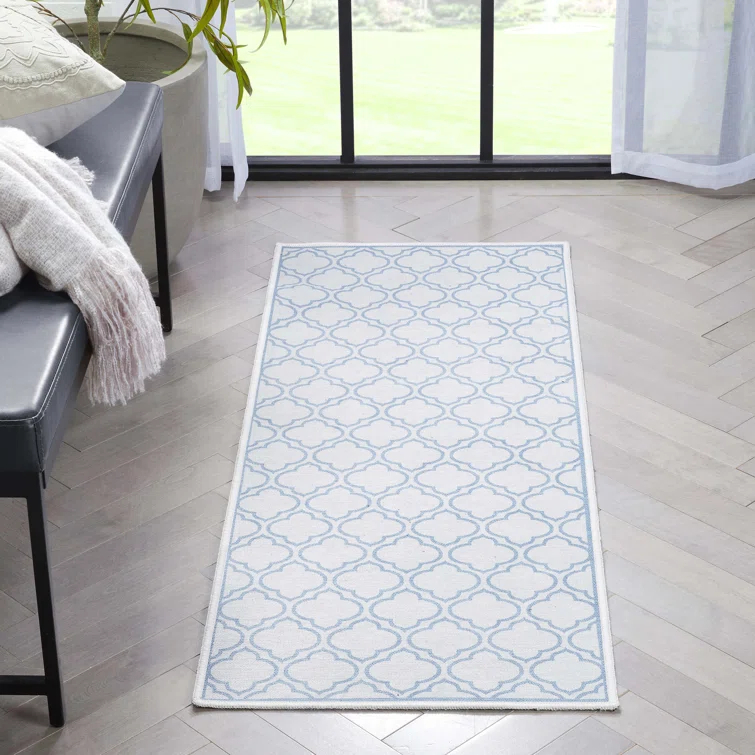 Kehr Lattice Moroccan Ivory Dark Blue Machine Washable Area Rug