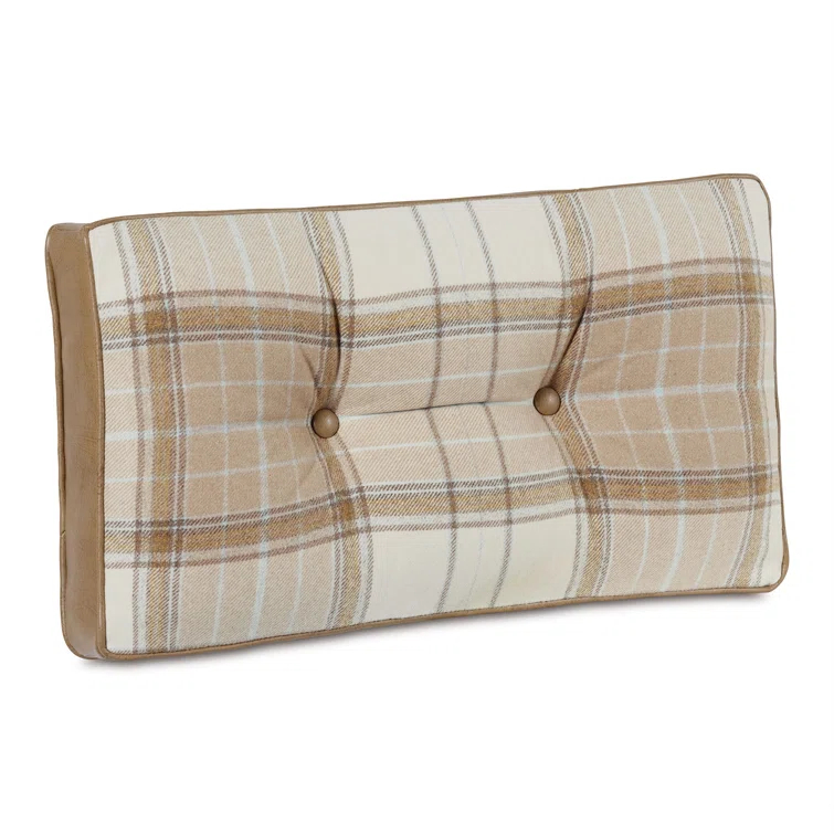 Plaid Wool Blend Lumbar Pillow with Faux Leather Gusset