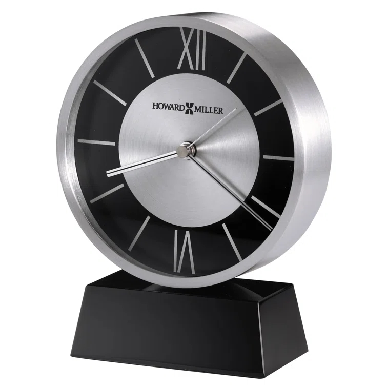 Davis Modern & Contemporary Roman Numeral Metal Quartz Movement / Crystal Tabletop Clock in Black/Polished Sliver