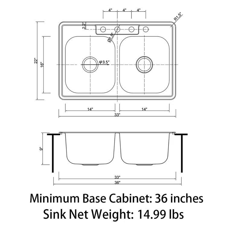Sinber 33" x 22" Drop In Double Bowl Kitchen Sink with 18 Gauge 304 Stainless Steel Satin Finish