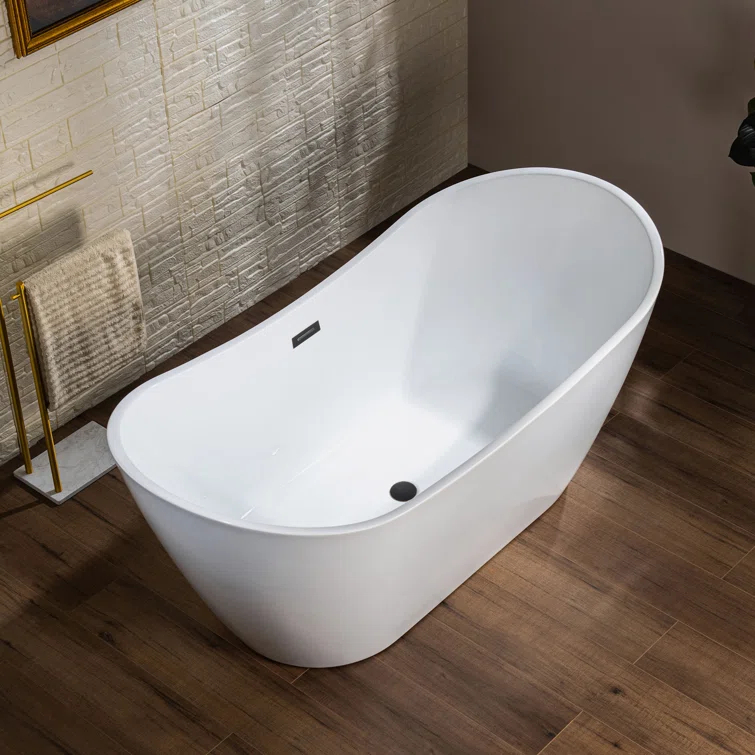 White With Matte Black Trim 67'' x 31.5'' Freestanding Soaking Acrylic Bathtub