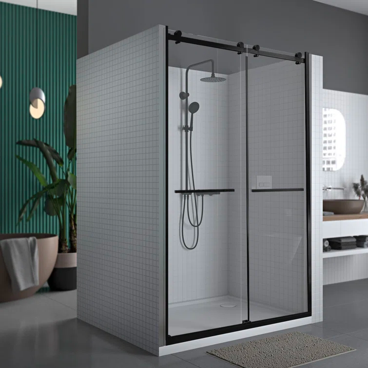 56" - 60" W 74” H Double Sliding Frameless Shower Door with Fixed Glass Panel