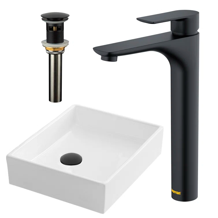 Karran Valera 16'' Vitreous China Vessel Bathroom Sink With Faucet and Drain in Matte Black