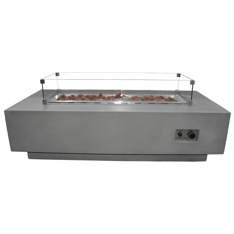 Granville Elementi 60" Rectangular Outdoor Concrete Fire Pit Table with Lava Rocks and Cover