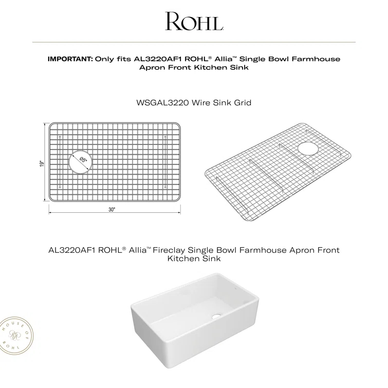 Rohl WSGAL3220BS Allia Wire Sink Grid for AL3220AF1 Kitchen Sink
