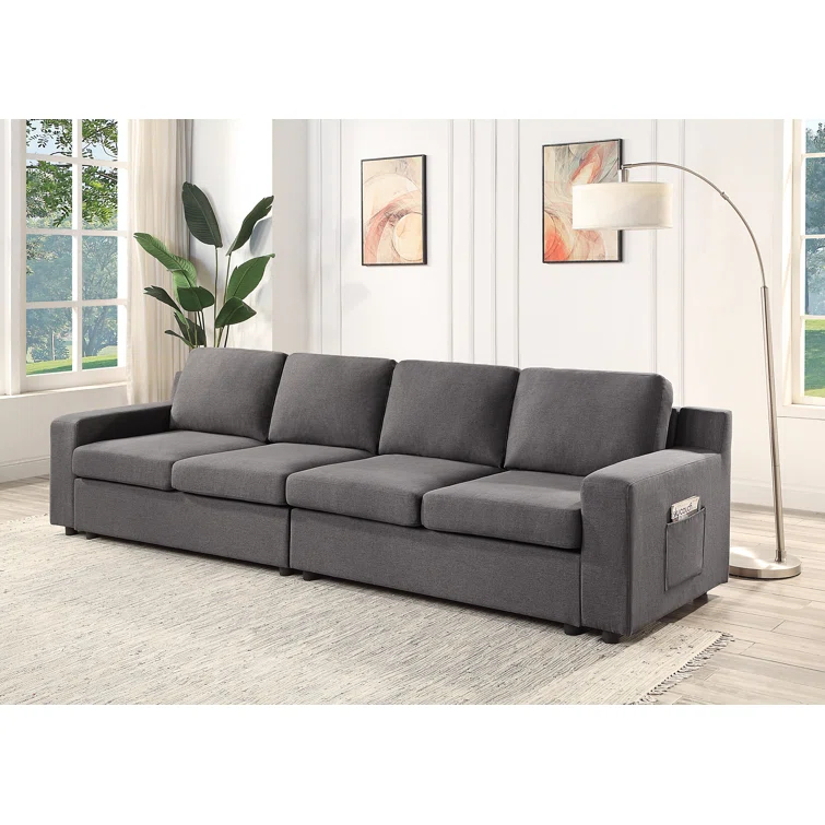 Hokku Designs Aviyana Waylon Gray Linen 4-Seater Sofa with Pockets