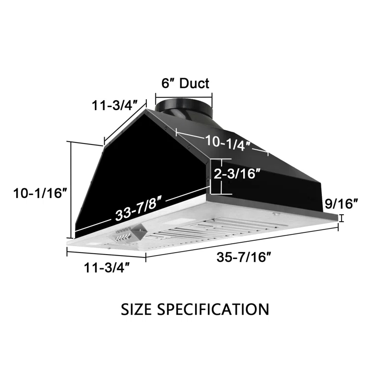 Range Hood Insert/Built-In 36 Inch, 6'''' Duct 3-Speeds 600 CFM Stainless Steel Vent Hood With LED Lights