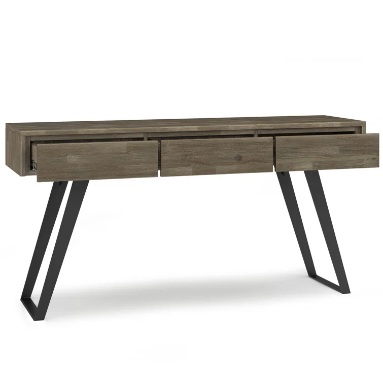 Lowry 60"W Solid Wood Modern Industrial Storage Console Table with 3 Storage Drawers and Metal Legs
