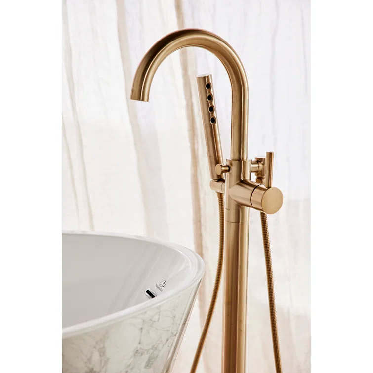 Sleek Modern 40'' Black Brass Floor Mounted Tub Filler with Handshower