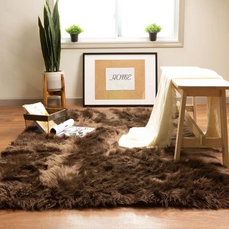 Diller Dark Brown Faux Fur Machine Washable Shag Fluffy Area Rug