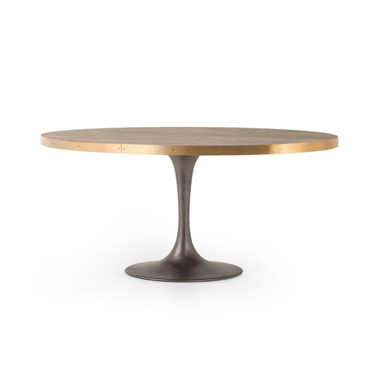 Round Oak and Iron Dining Table with Gold Accents
