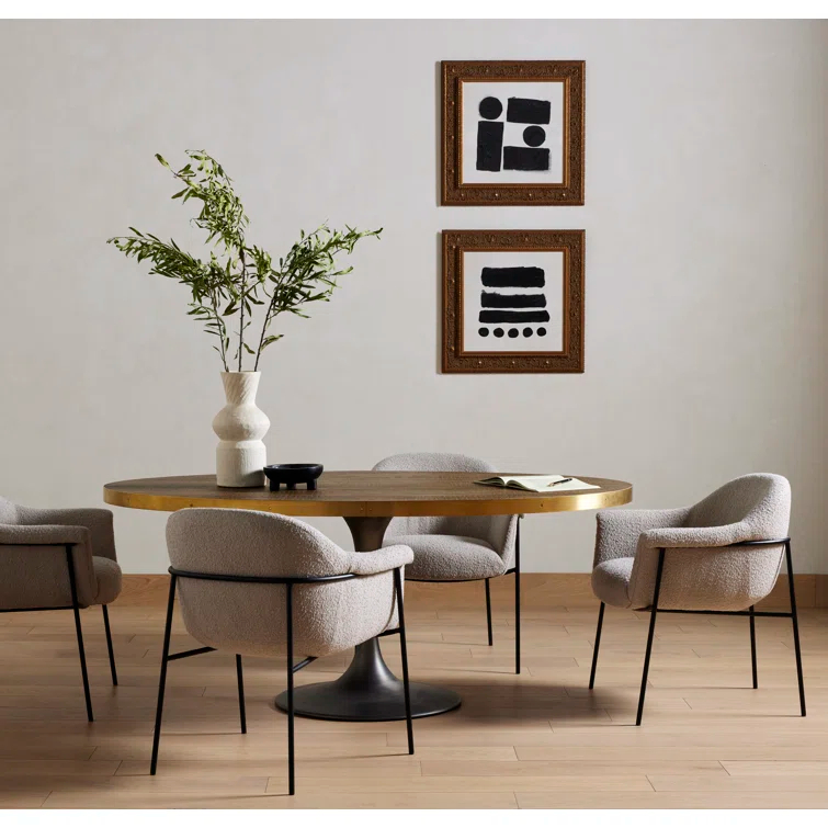 Round Oak and Iron Dining Table with Gold Accents