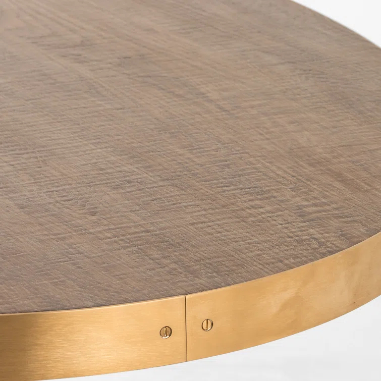 Round Oak and Iron Dining Table with Gold Accents