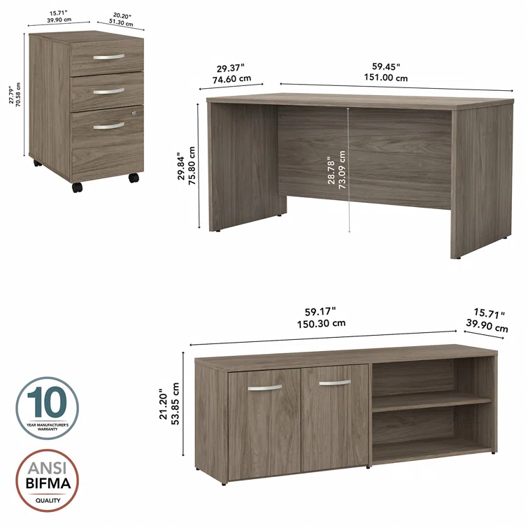 Office 500 Collection 3 Piece Rectangular 60W Computer Desk Office Set