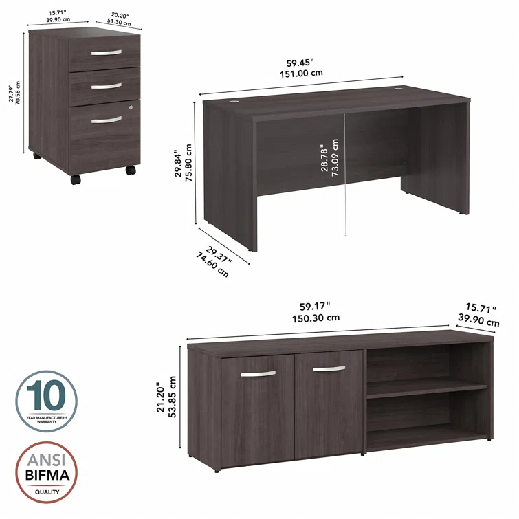 Office 500 Collection 3 Piece Rectangular 60W Computer Desk Office Set