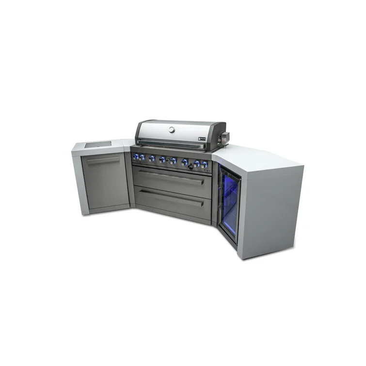 Mont Alpi 805 6-Burner 115000 BTU MAi805-D45FC U-shaped Stainless Steel Deluxe Modular Outdoor Kitchen BBQ Island Grill + Fridge Cabinet - 2 Infrared Burners, White Granite Countertops, Rotisserie Kit