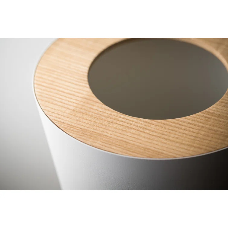 Rin Yamazaki Home Round Trash Can, 1.85 gallon Wastebasket Bathroom Kitchen Office, Steel + Wood